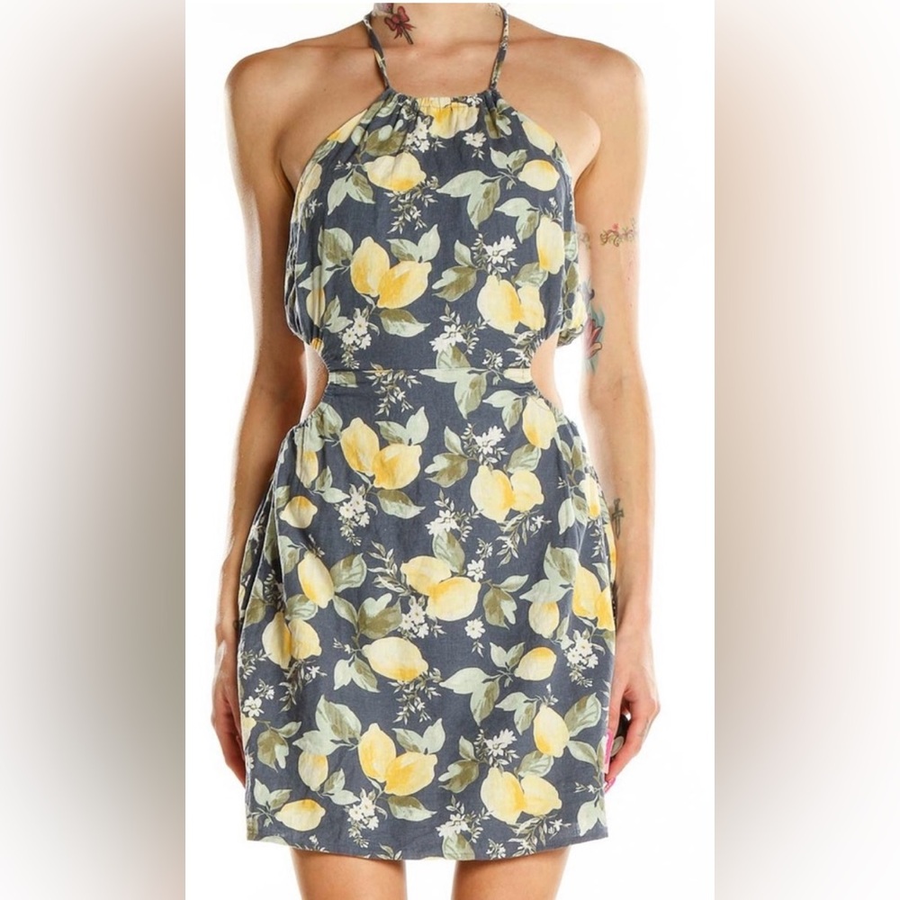 Abercrombie & Fitch Linen Blend Cut Out Lemon Backless Floral Halter Dress NEW